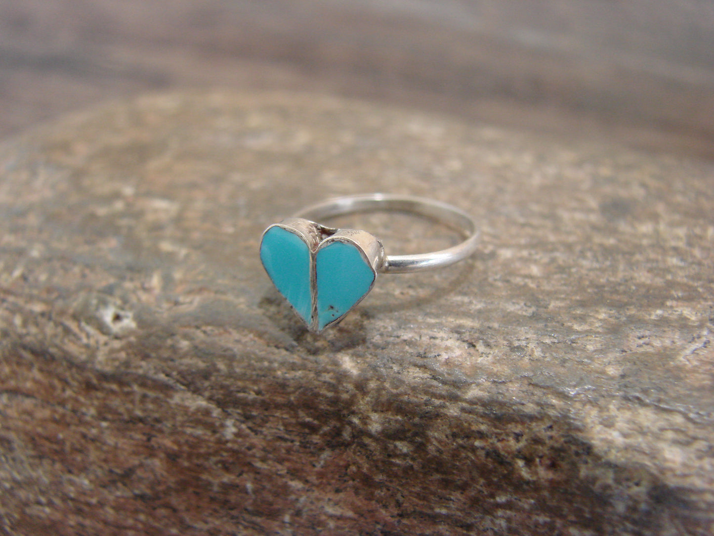 Native American Sterling Silver & Turquoise Inlay Heart Ring by Neha - Size 2