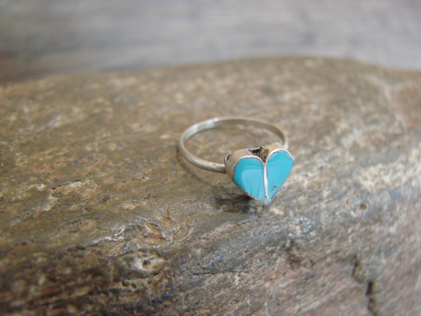 Native American Sterling Silver & Turquoise Inlay Heart Ring by Neha - Size 2