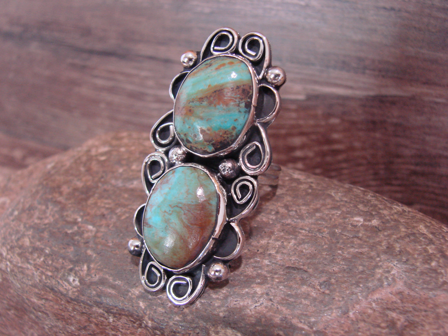 Native American Nickel Silver & Turquoise Adjustable Ring by Cleveland - Size 8 - 10