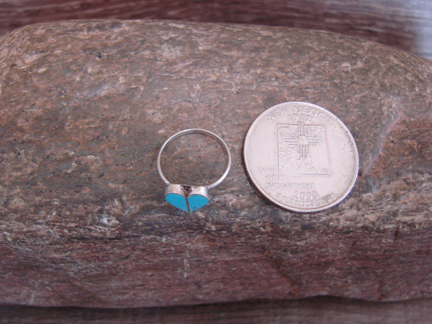 Native American Sterling Silver & Turquoise Inlay Heart Ring by Neha - Size 2