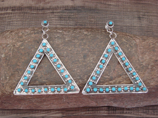 Native American Sterling Silver & Turquoise Post Dangle Earrings - Quam