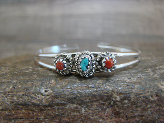 Native American Sterling Silver & Turquoise Coral Baby / Child Bracelet - Cadman