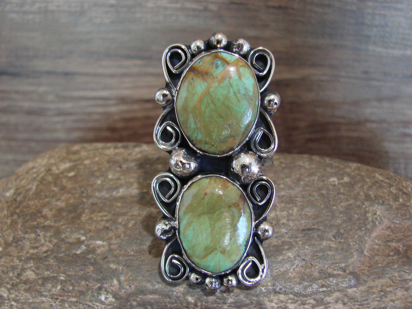 Native American Nickel Silver & Turquoise Adjustable Ring by Cleveland - Size 8 - 10