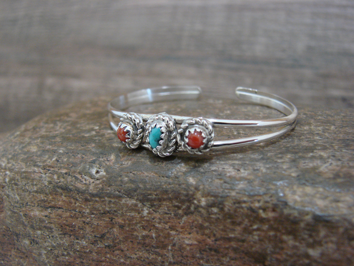 Native American Sterling Silver & Turquoise Coral Baby / Child Bracelet - Cadman