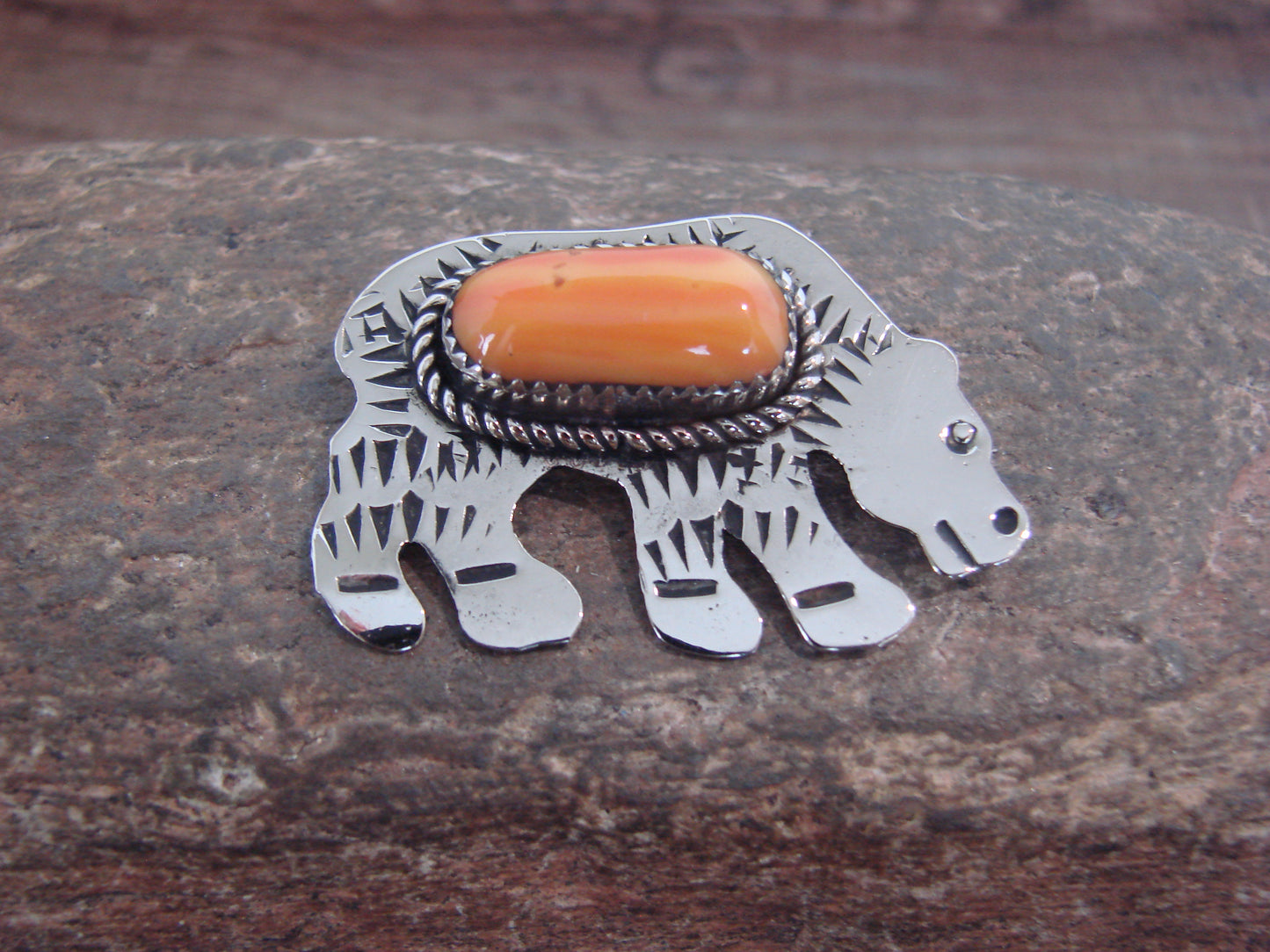 Native American Nickel Silver & Spiny Oyster Bear Pendant - Cleveland
