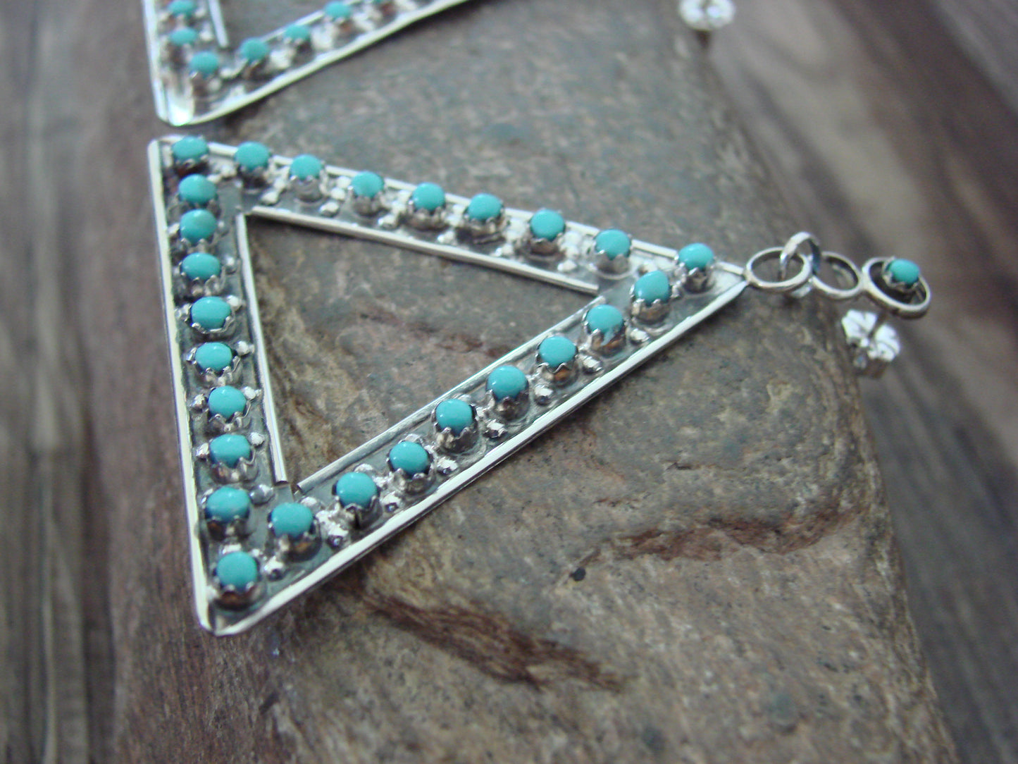 Native American Sterling Silver & Turquoise Post Dangle Earrings - Quam