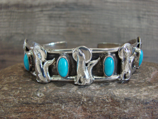 Native American Sterling Silver & Turquoise Howling Lobo Wolf Bracelet - Yazzie