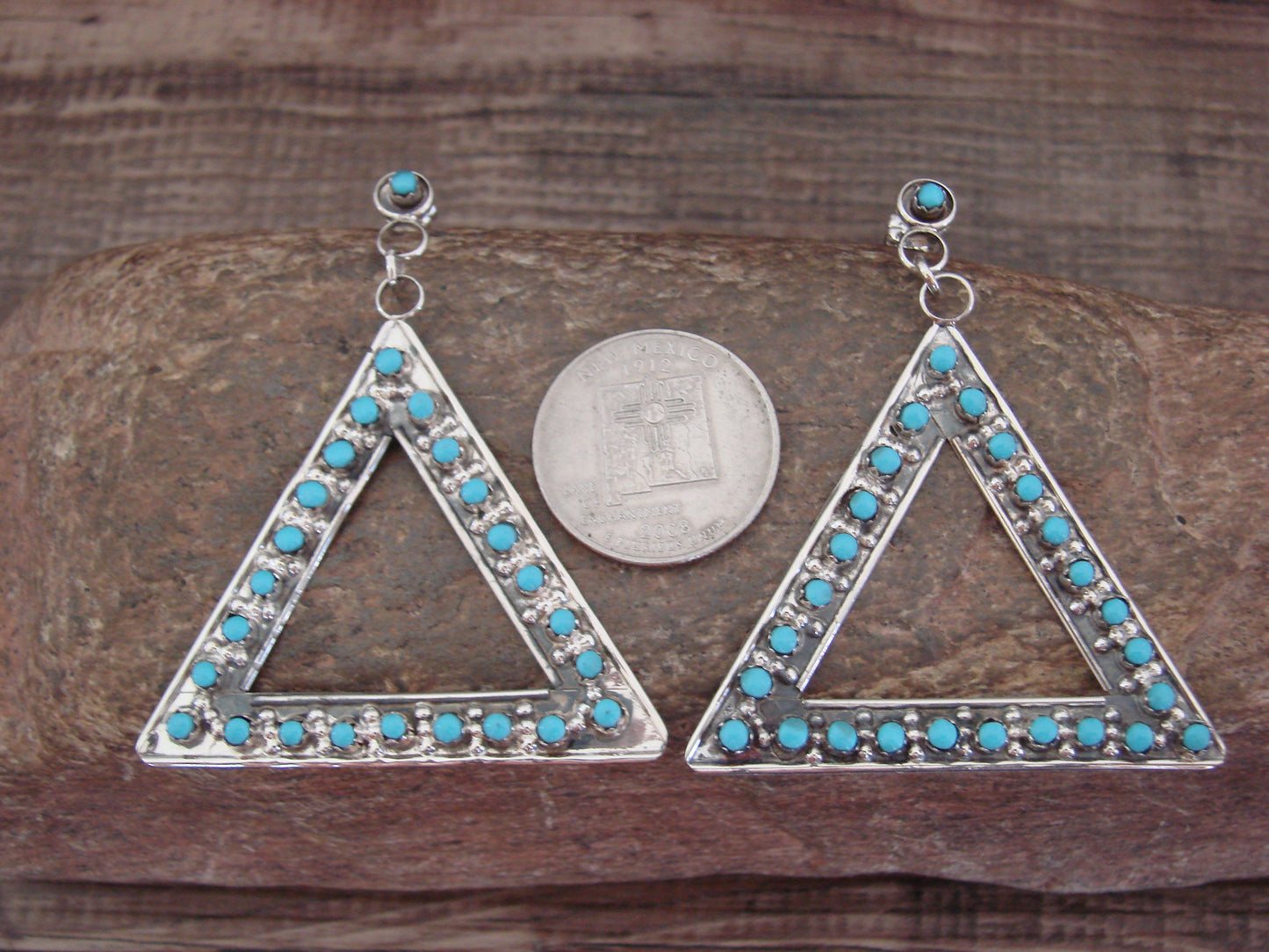 Native American Sterling Silver & Turquoise Post Dangle Earrings - Quam