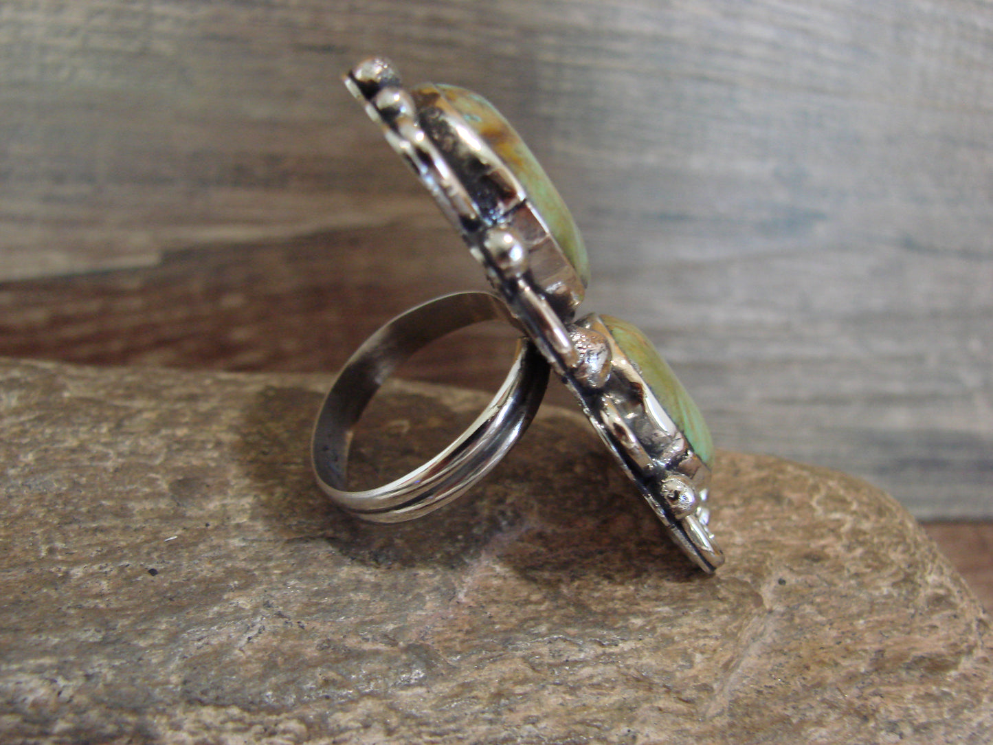 Native American Nickel Silver & Turquoise Adjustable Ring by Cleveland - Size 8 - 10