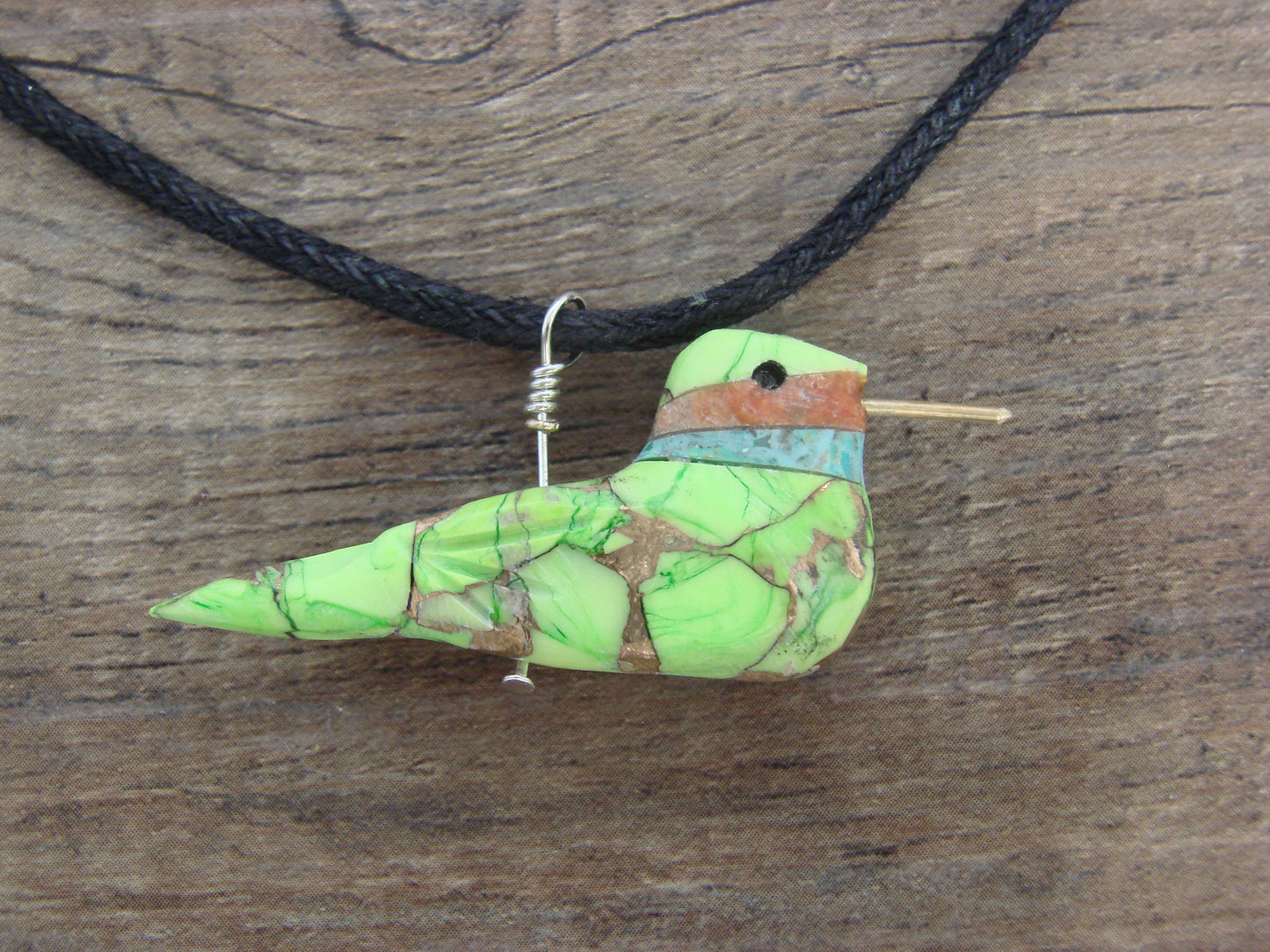 Hand Carved Bronze Gaspeite Aggregate Hummingbird Fetish Necklace - Mitchell