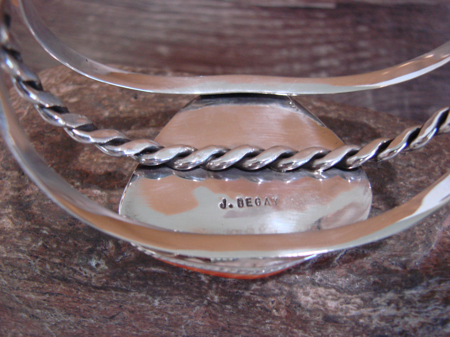 Native American Sterling Silver & Spiny Oyster Bracelet Signed Begay