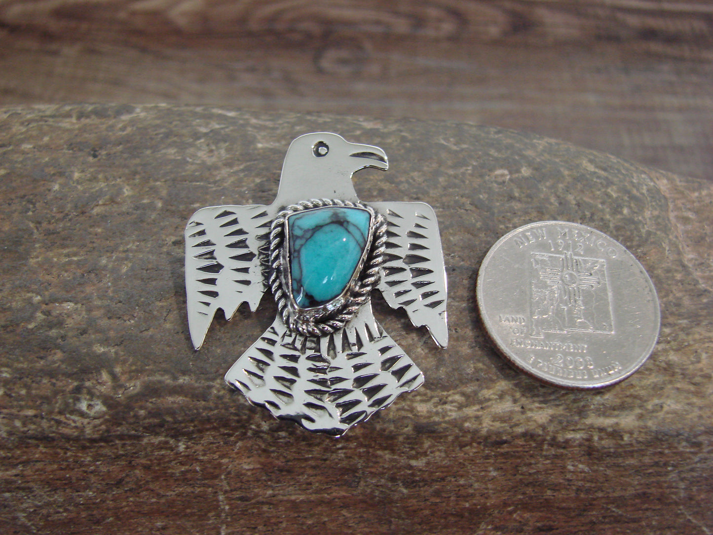 Native American Nickel Silver & Turquoise Thunderbird Pendant - Cleveland