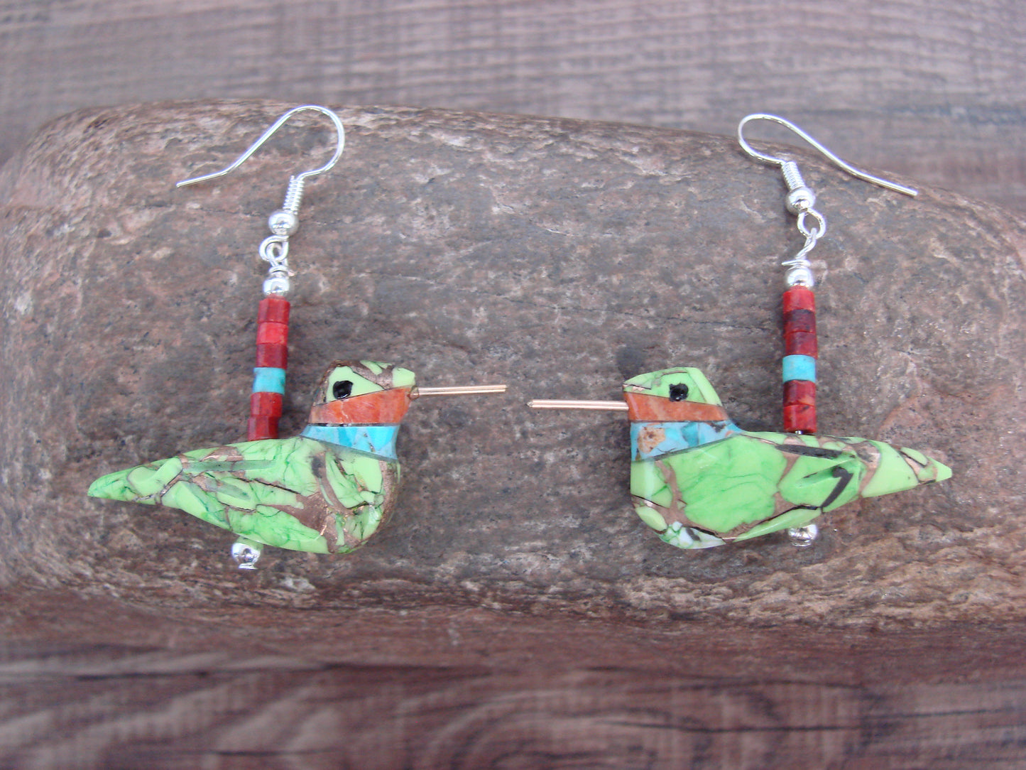 Hand Carved Bronze Infused Gaspeite Hummingbird Fetish Earrings - Mitchell
