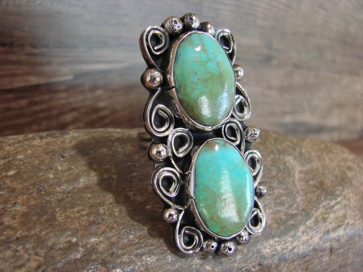 Native American Nickel Silver & Turquoise Adjustable Ring by Cleveland - Size 8 - 10
