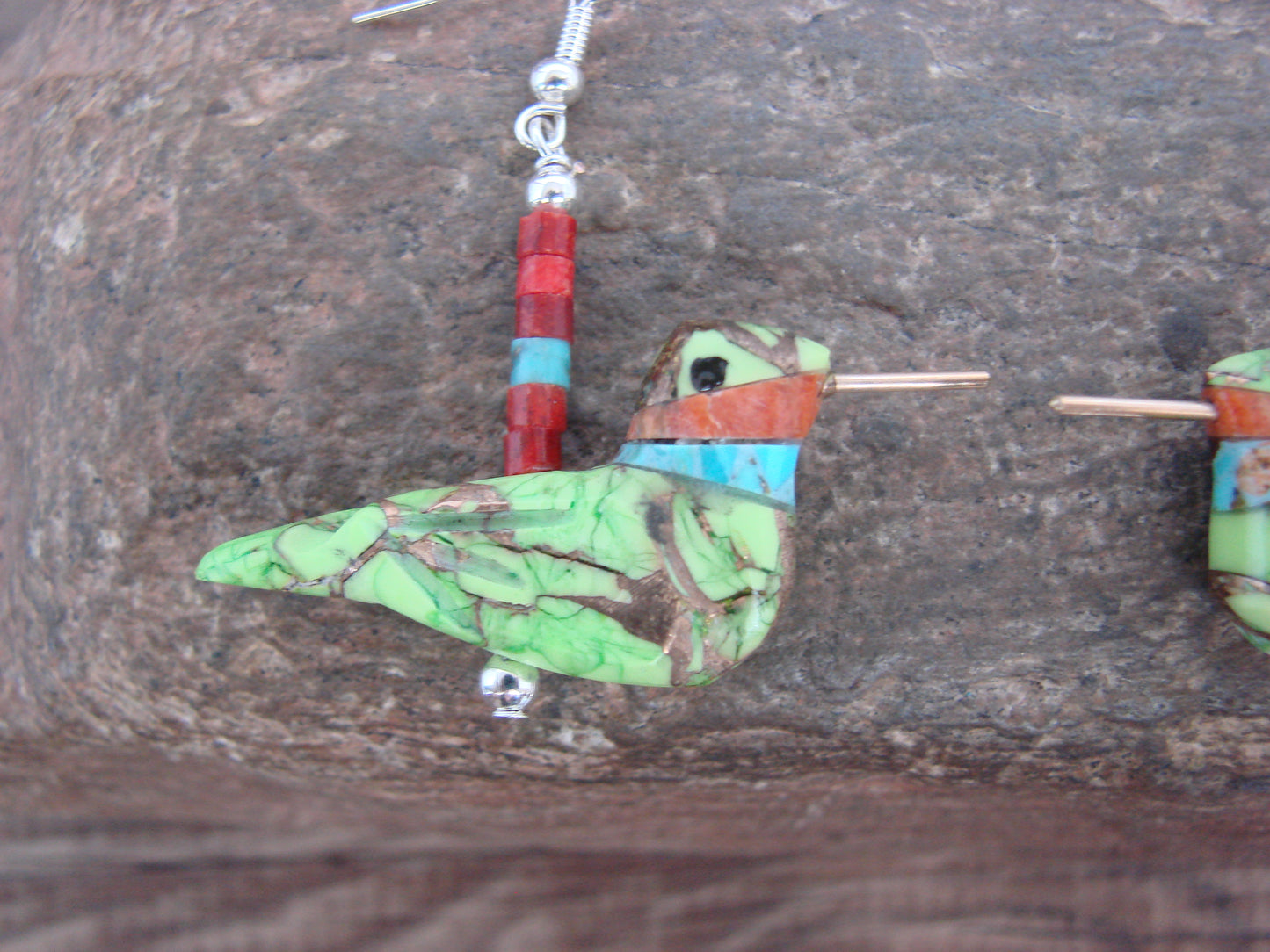 Hand Carved Bronze Infused Gaspeite Hummingbird Fetish Earrings - Mitchell