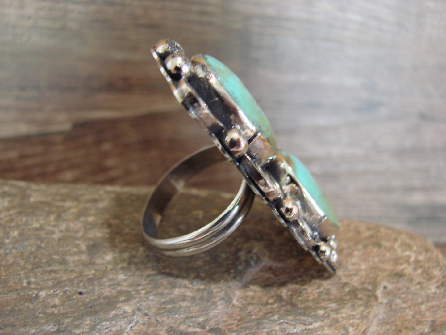 Native American Nickel Silver & Turquoise Adjustable Ring by Cleveland - Size 8 - 10