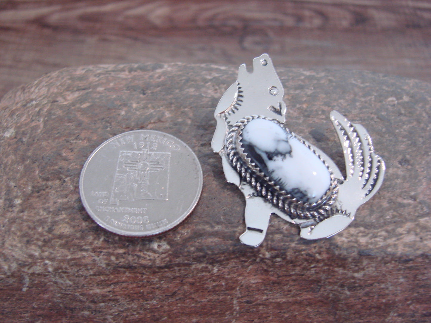 Native American Nickel Silver & Howlite Coyote Pendant - Cleveland
