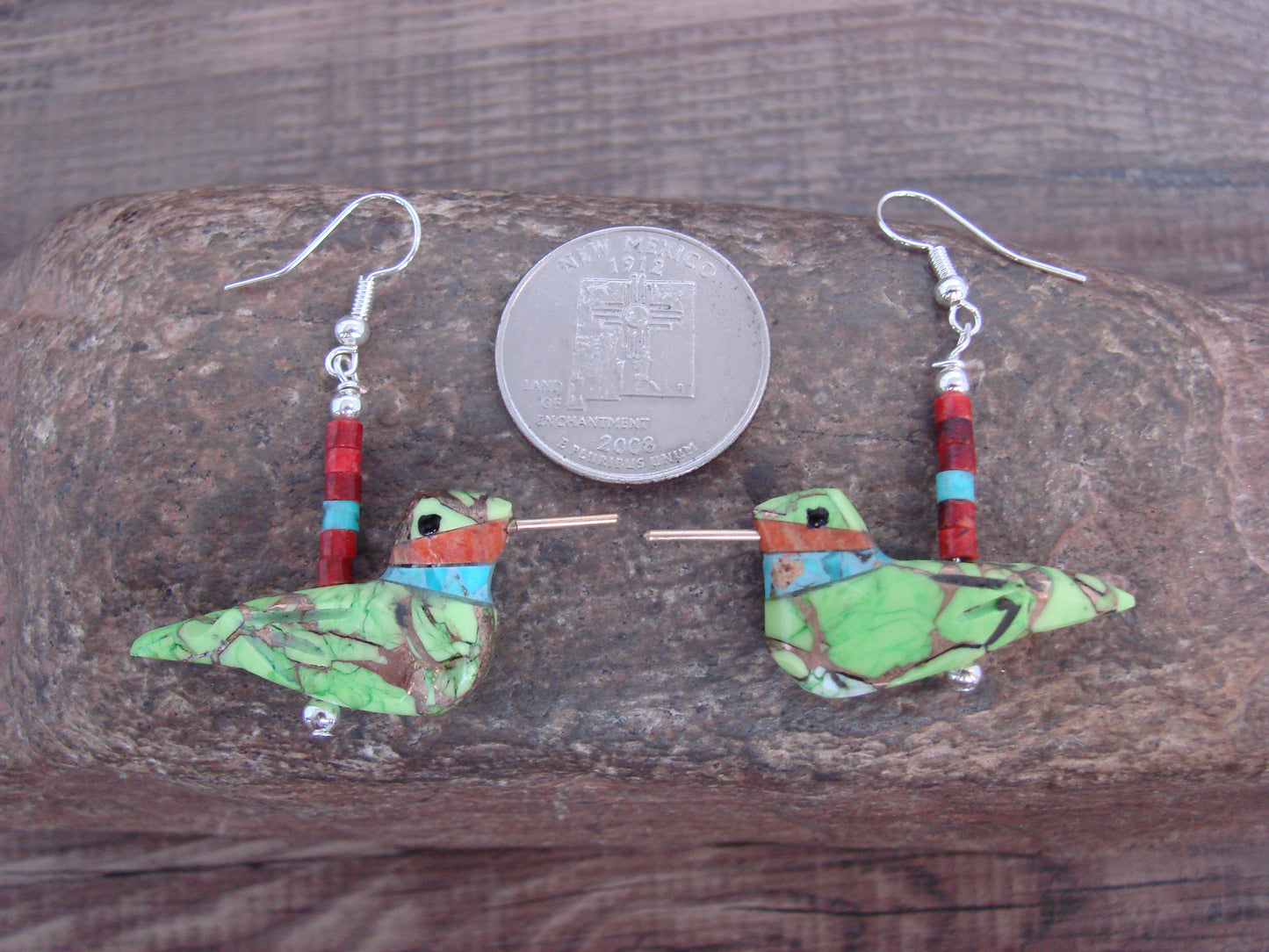 Hand Carved Bronze Infused Gaspeite Hummingbird Fetish Earrings - Mitchell