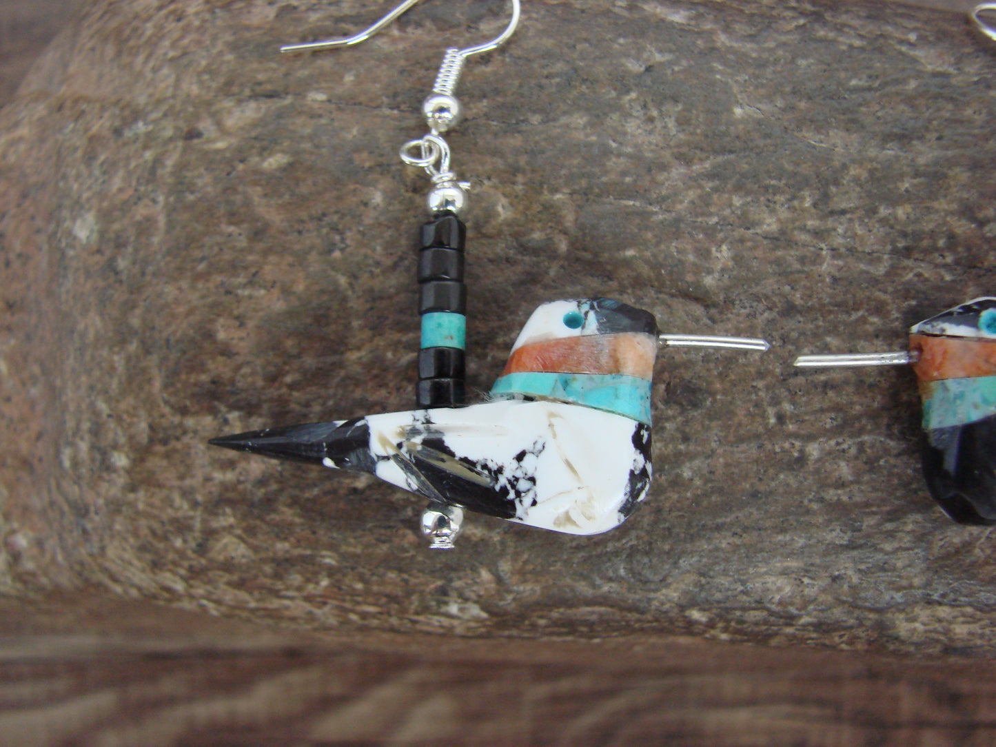 Hand Carved White Buffalo Turquoise Hummingbird Fetish Earrings by Mitchell