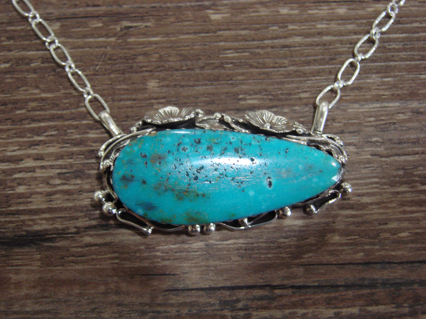 Native American 22" Sterling Silver & Turquoise Floral Link Necklace by Bahe
