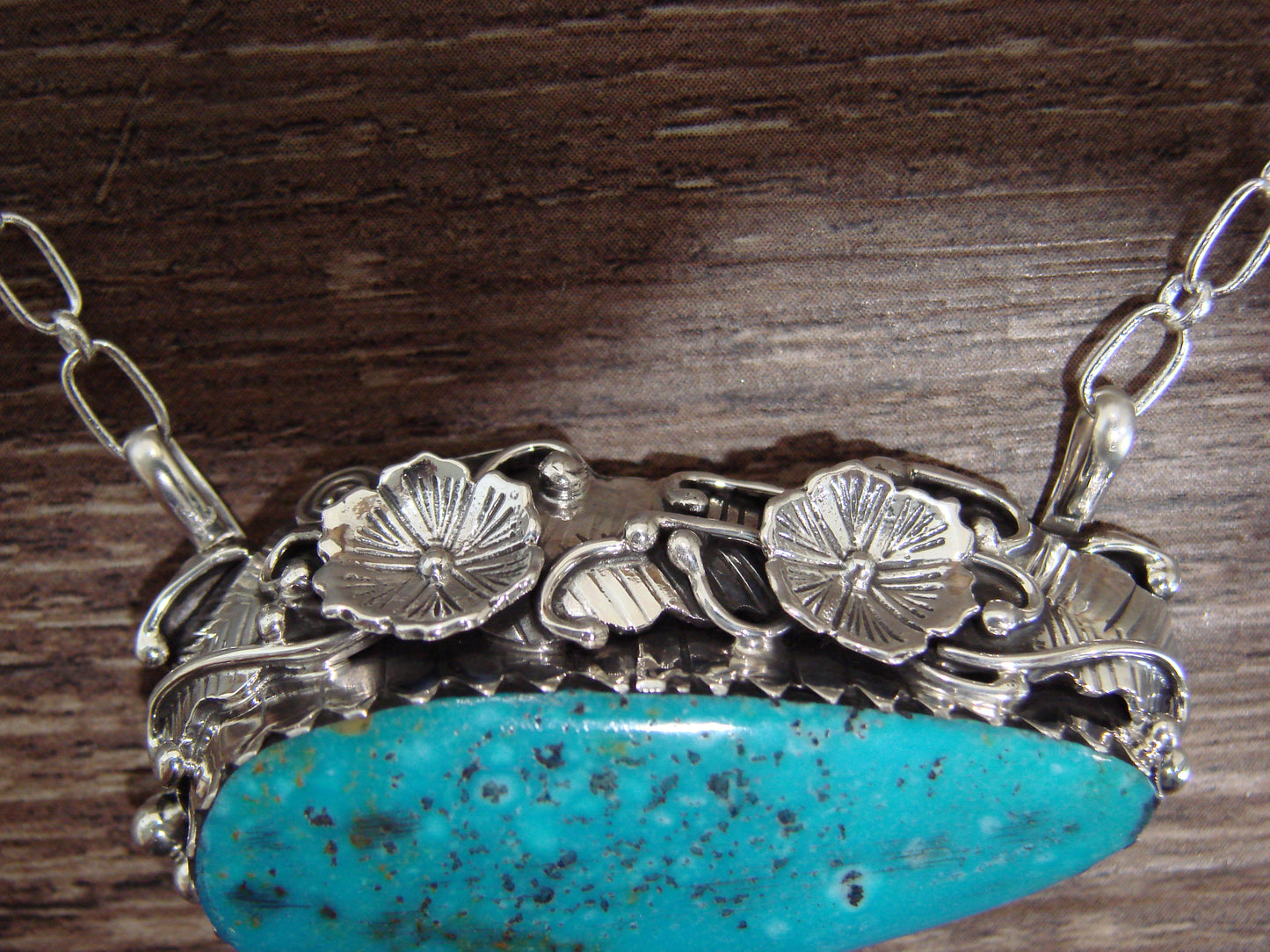 Native American 22" Sterling Silver & Turquoise Floral Link Necklace by Bahe