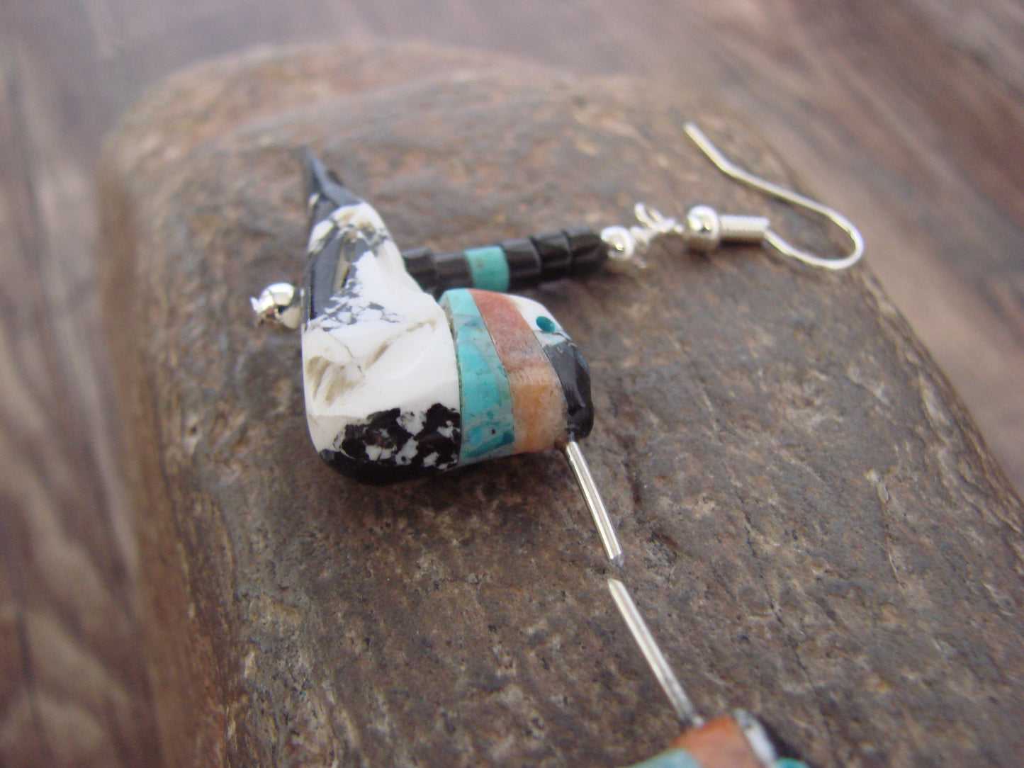 Hand Carved White Buffalo Turquoise Hummingbird Fetish Earrings by Mitchell