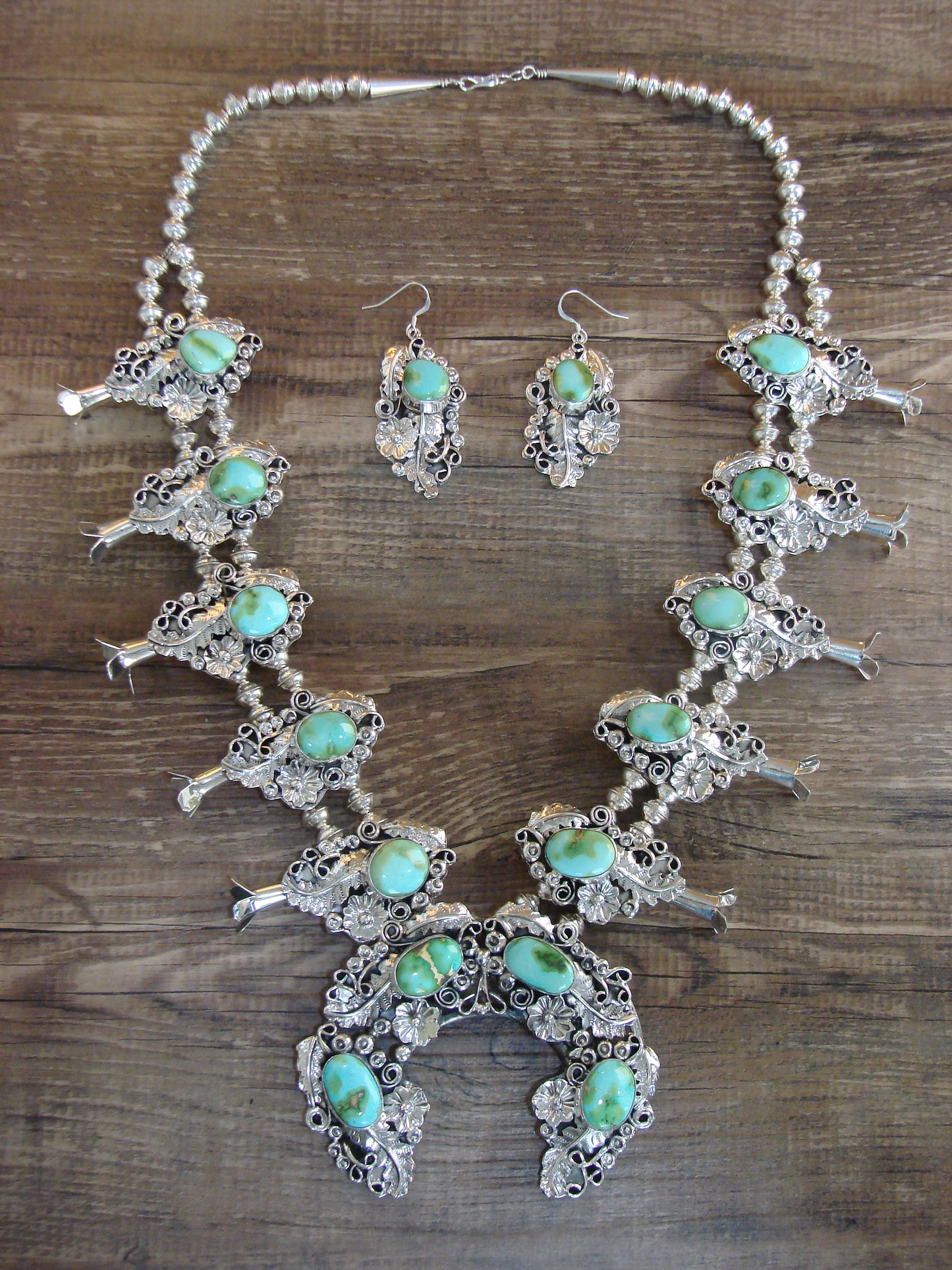 Native American Floral Sterling Silver Sonoran Turquoise Squash Blossom Set by Yazzie
