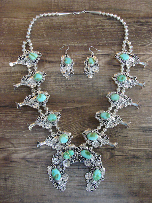 Native American Floral Sterling Silver Sonoran Turquoise Squash Blossom Set by Yazzie