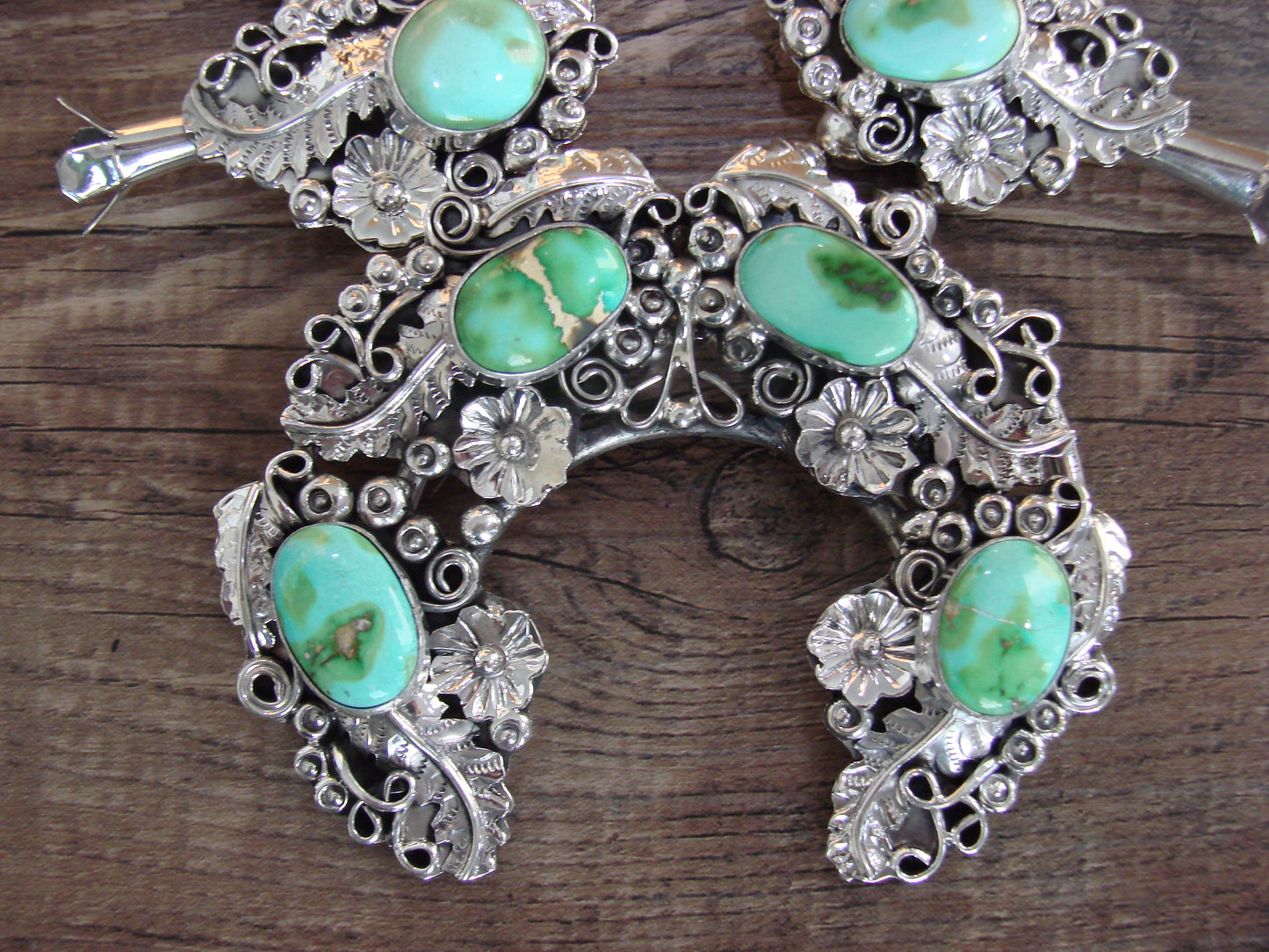 Native American Floral Sterling Silver Sonoran Turquoise Squash Blossom Set by Yazzie