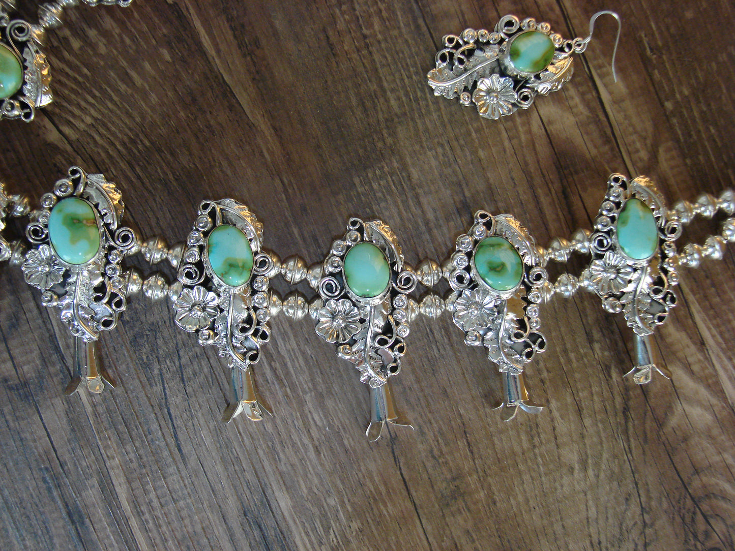 Native American Floral Sterling Silver Sonoran Turquoise Squash Blossom Set by Yazzie
