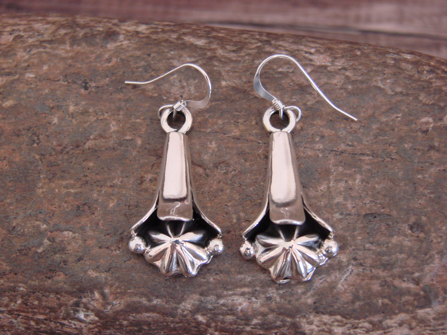 Native American Sterling Silver Squash Blossom Dangle Earrings by Larry