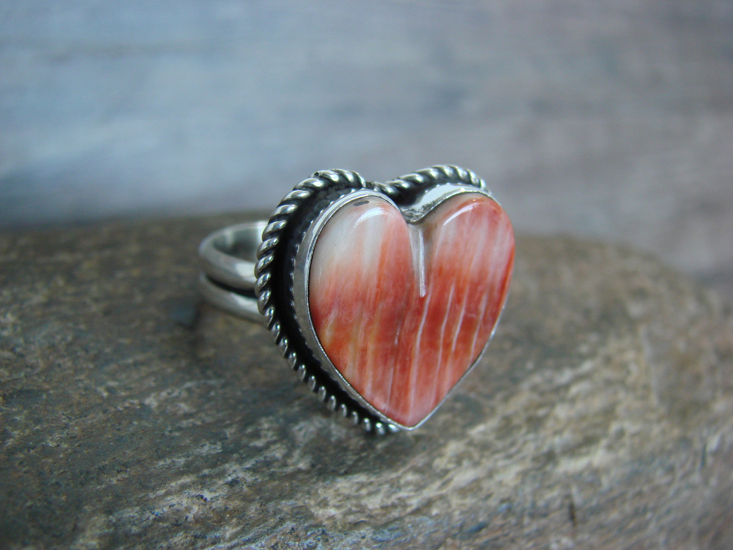 Adjustable Native American Sterling Silver & Spiny Oyster Heart Ring by Enditto