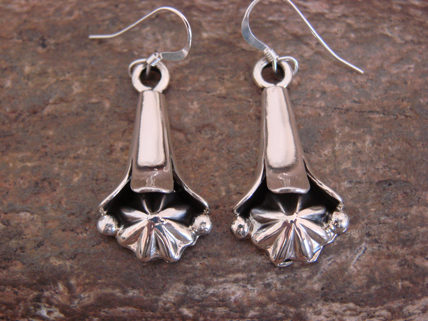 Native American Sterling Silver Squash Blossom Dangle Earrings by Larry