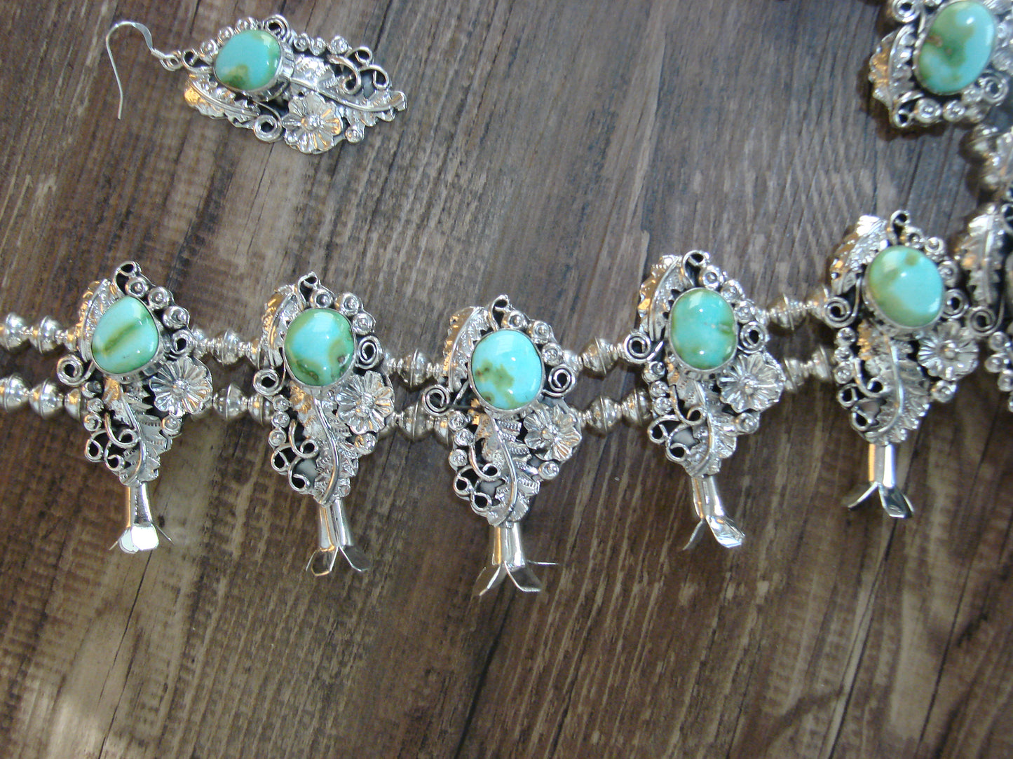 Native American Floral Sterling Silver Sonoran Turquoise Squash Blossom Set by Yazzie