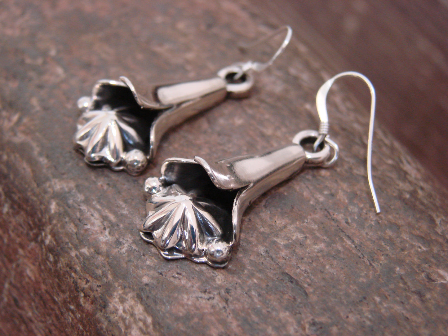 Native American Sterling Silver Squash Blossom Dangle Earrings by Larry