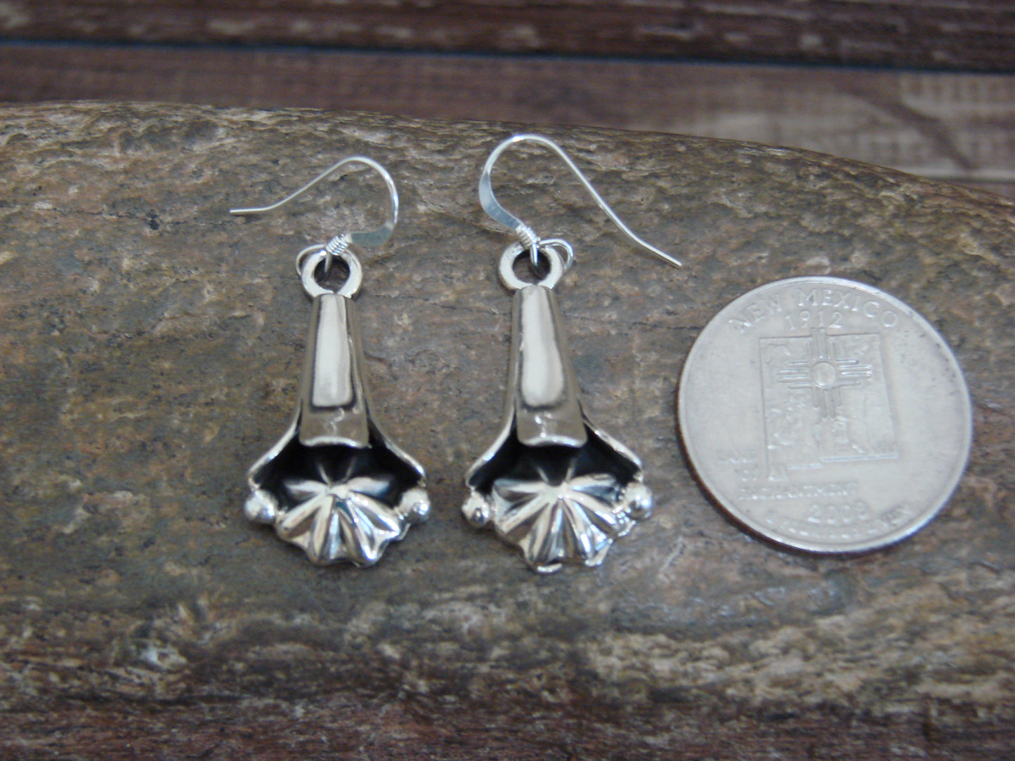Native American Sterling Silver Squash Blossom Dangle Earrings by Larry