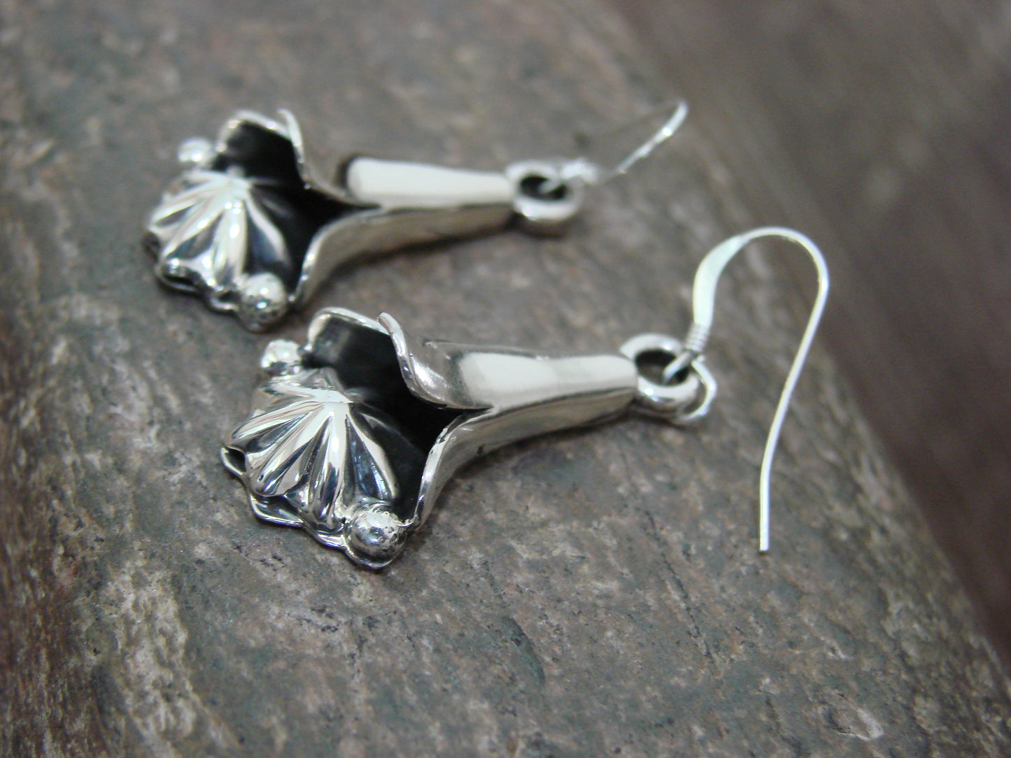 Native American Sterling Silver Squash Blossom Dangle Earrings by Larry