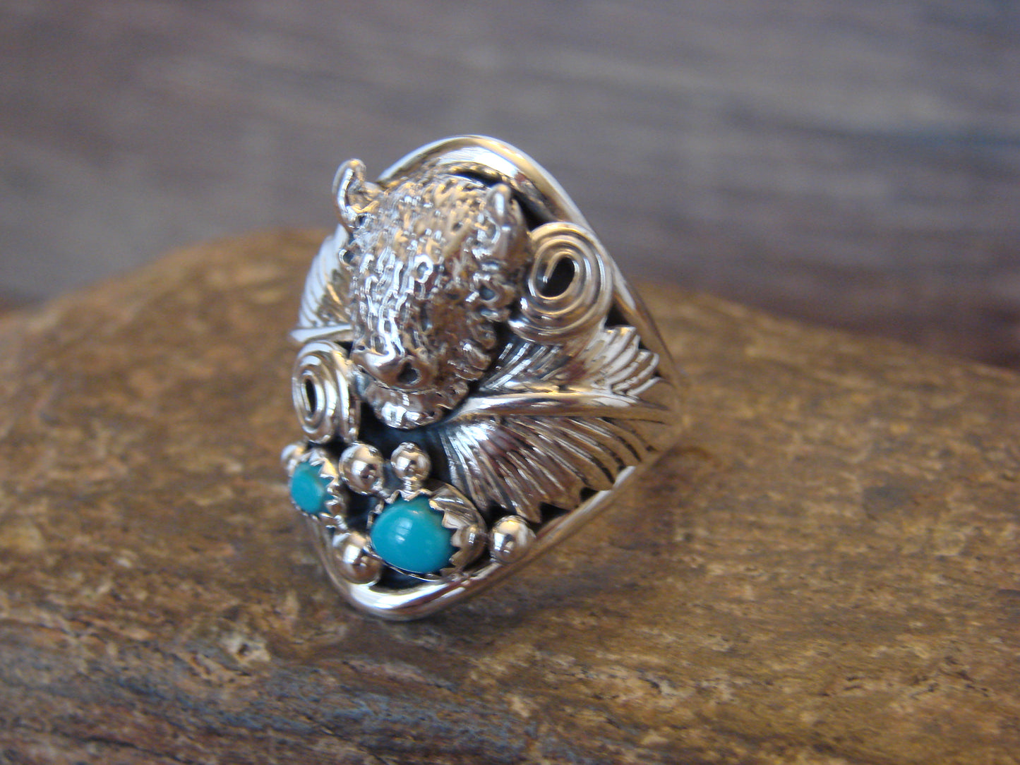 Native American Sterling Silver Buffalo & Turquoise Ring Size 11.5 - Morgan