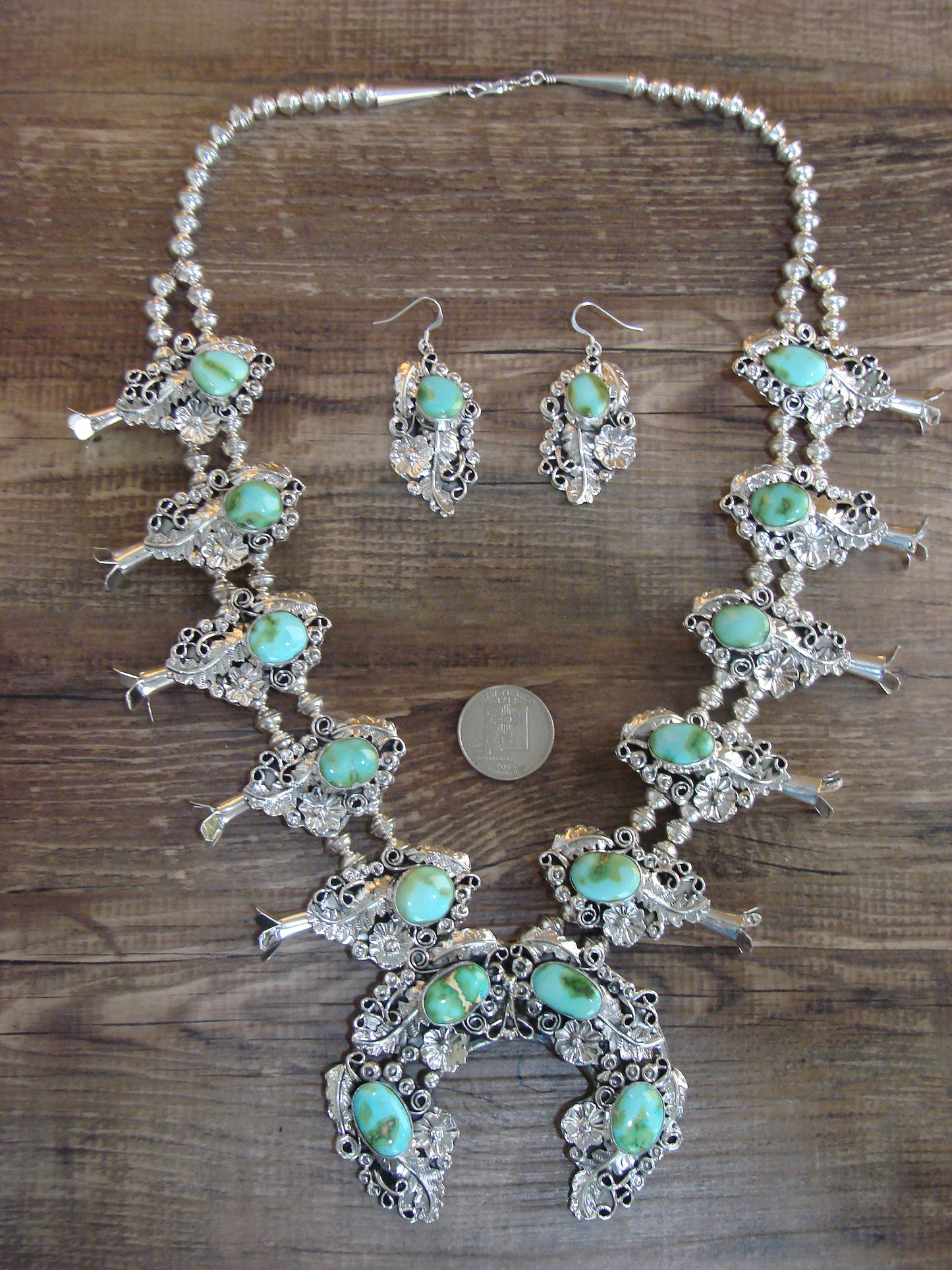 Native American Floral Sterling Silver Sonoran Turquoise Squash Blossom Set by Yazzie