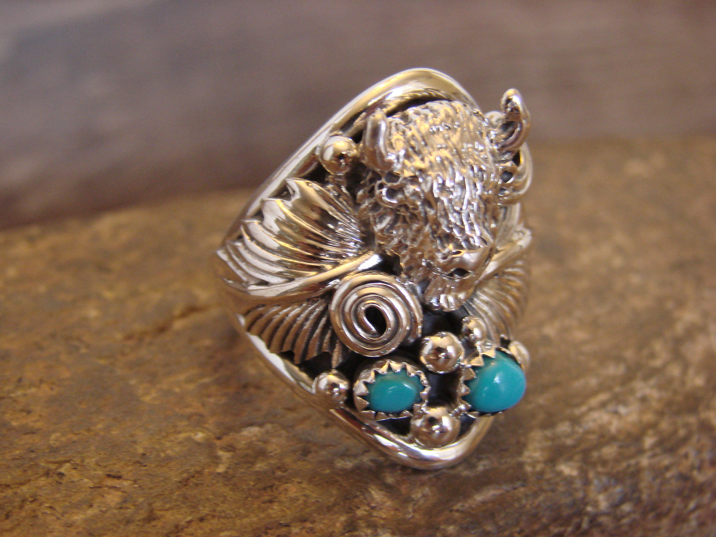 Native American Sterling Silver Buffalo & Turquoise Ring Size 11.5 - Morgan