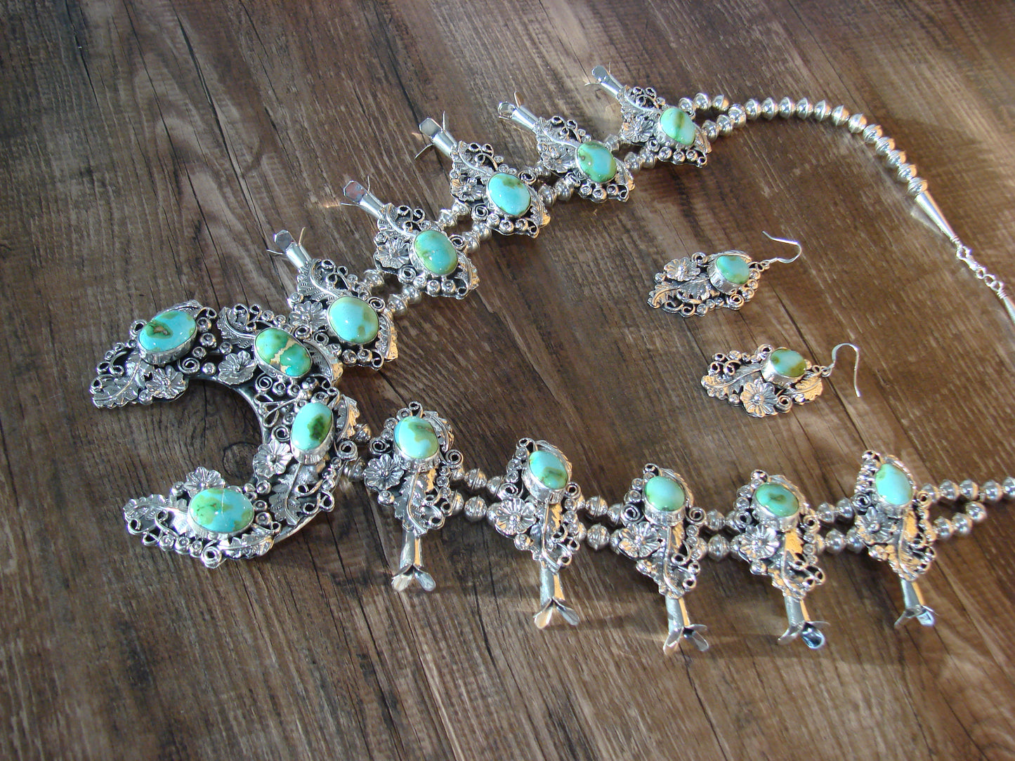 Native American Floral Sterling Silver Sonoran Turquoise Squash Blossom Set by Yazzie