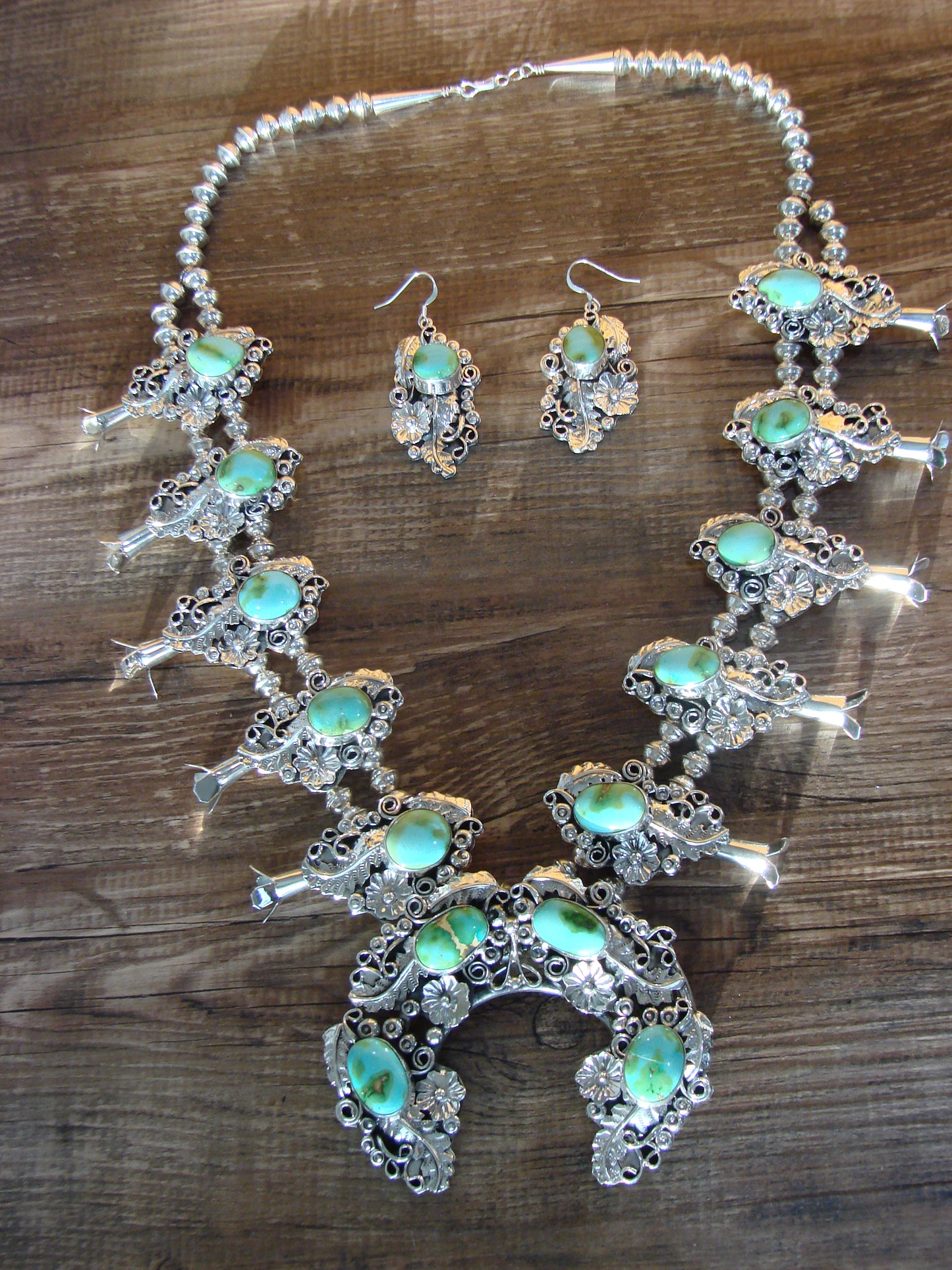 Native American Floral Sterling Silver Sonoran Turquoise Squash Blossom Set by Yazzie