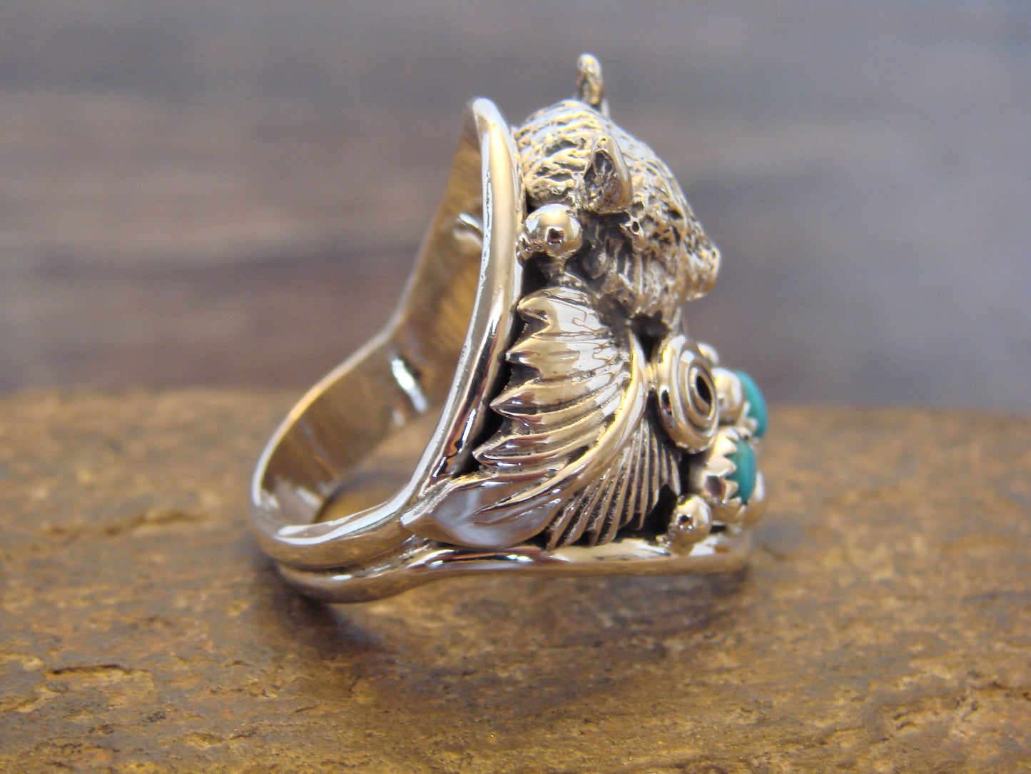 Native American Sterling Silver Buffalo & Turquoise Ring Size 11.5 - Morgan