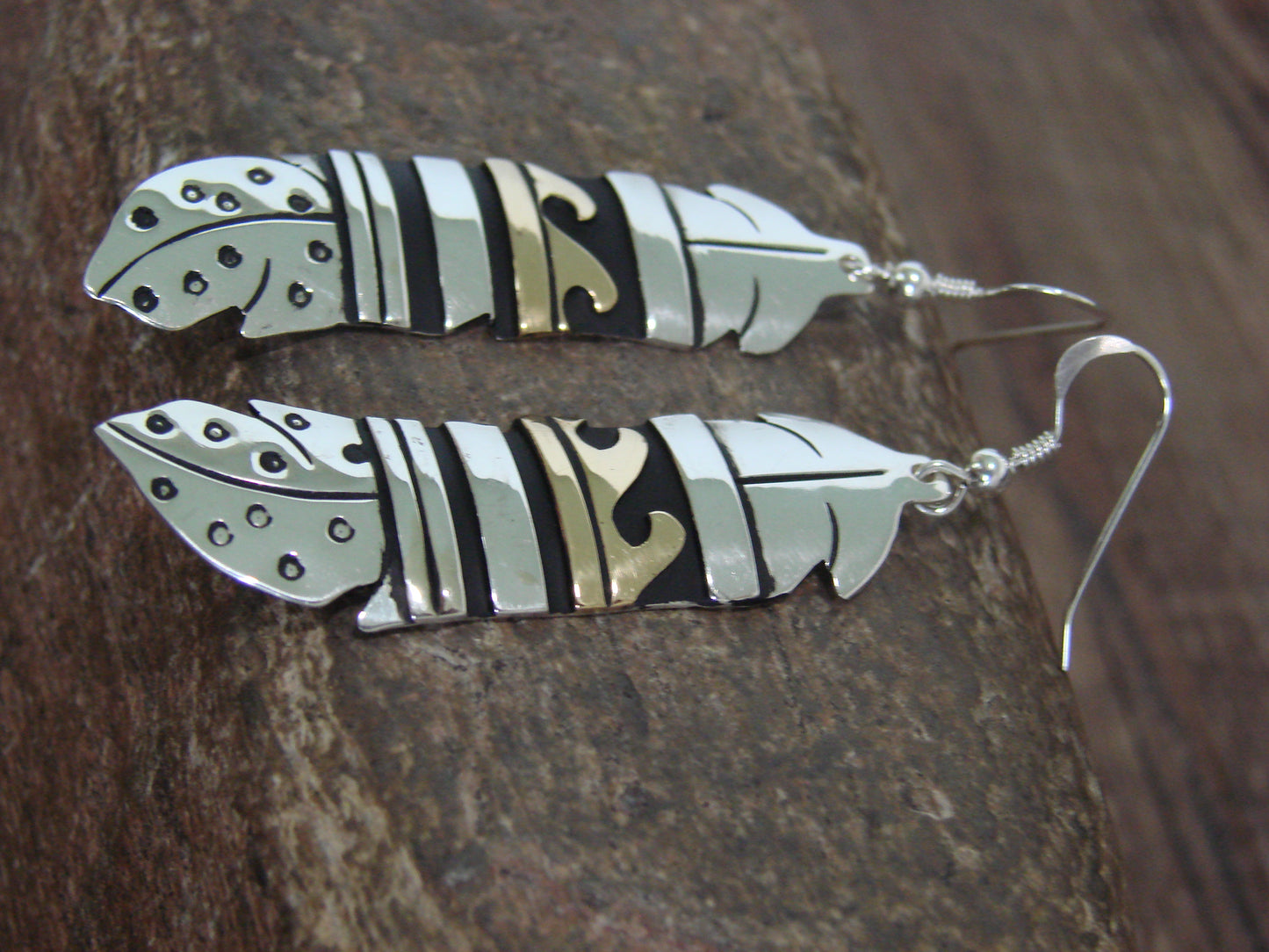 Native American Sterling Silver & Gold Fill Feather Dangle Earrings - Singer