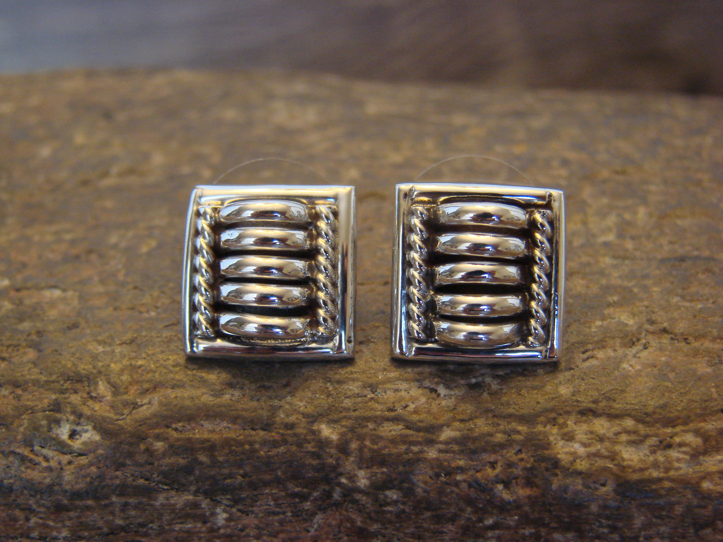 Native American Indian Sterling Silver Ribbed Post Earrings by Charley