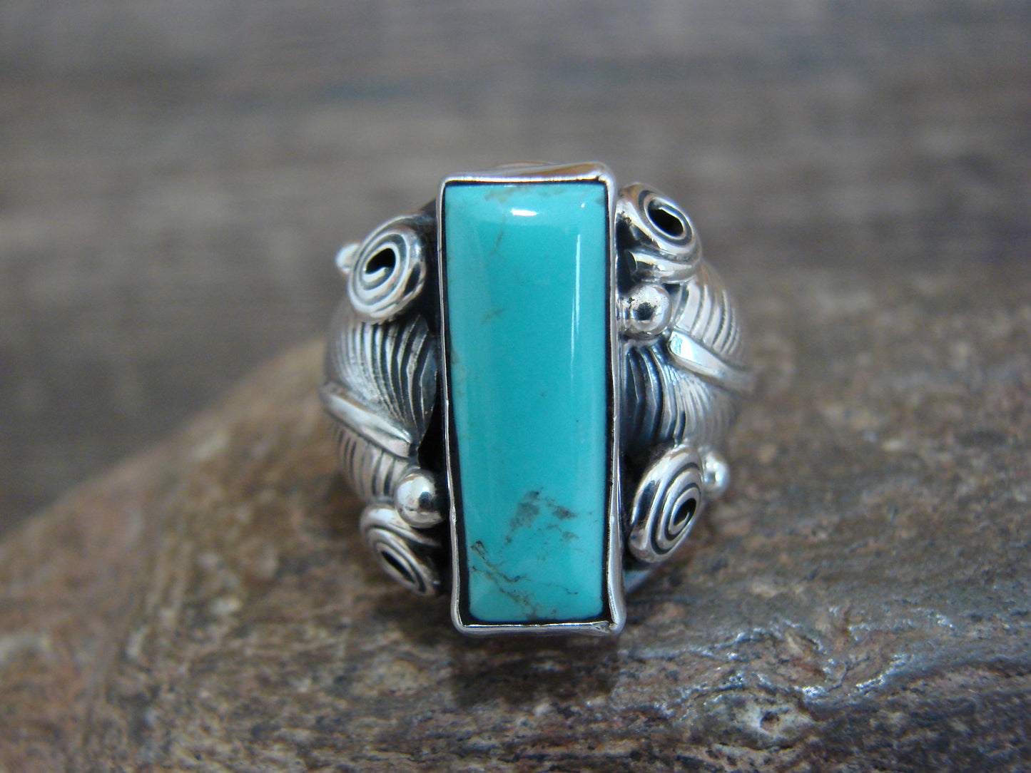 Navajo Sterling Silver & Turquoise Feather Ring by D. Morgan - Size 6