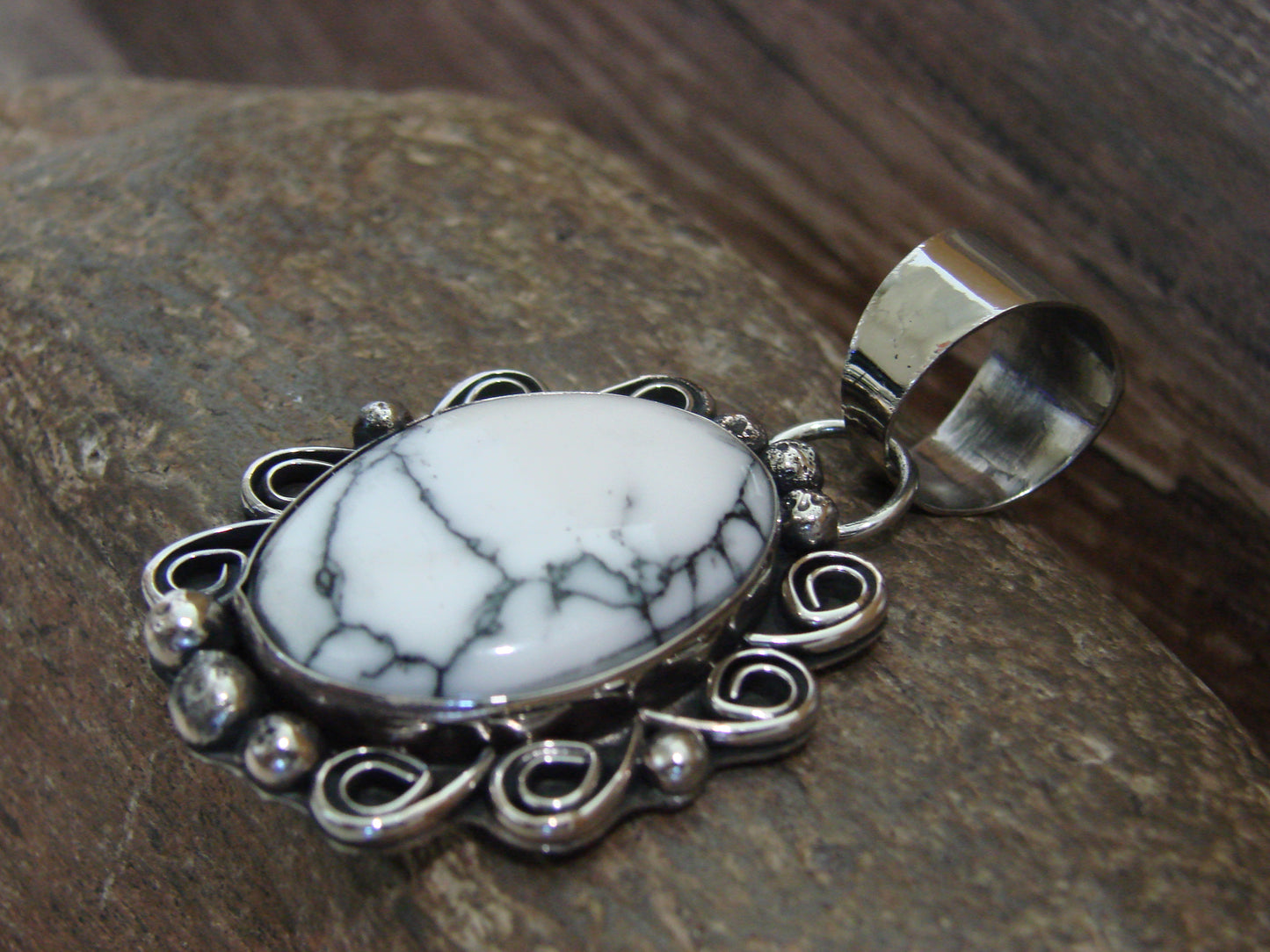 Native American Nickel Silver & Howlite Pendant - Cleveland