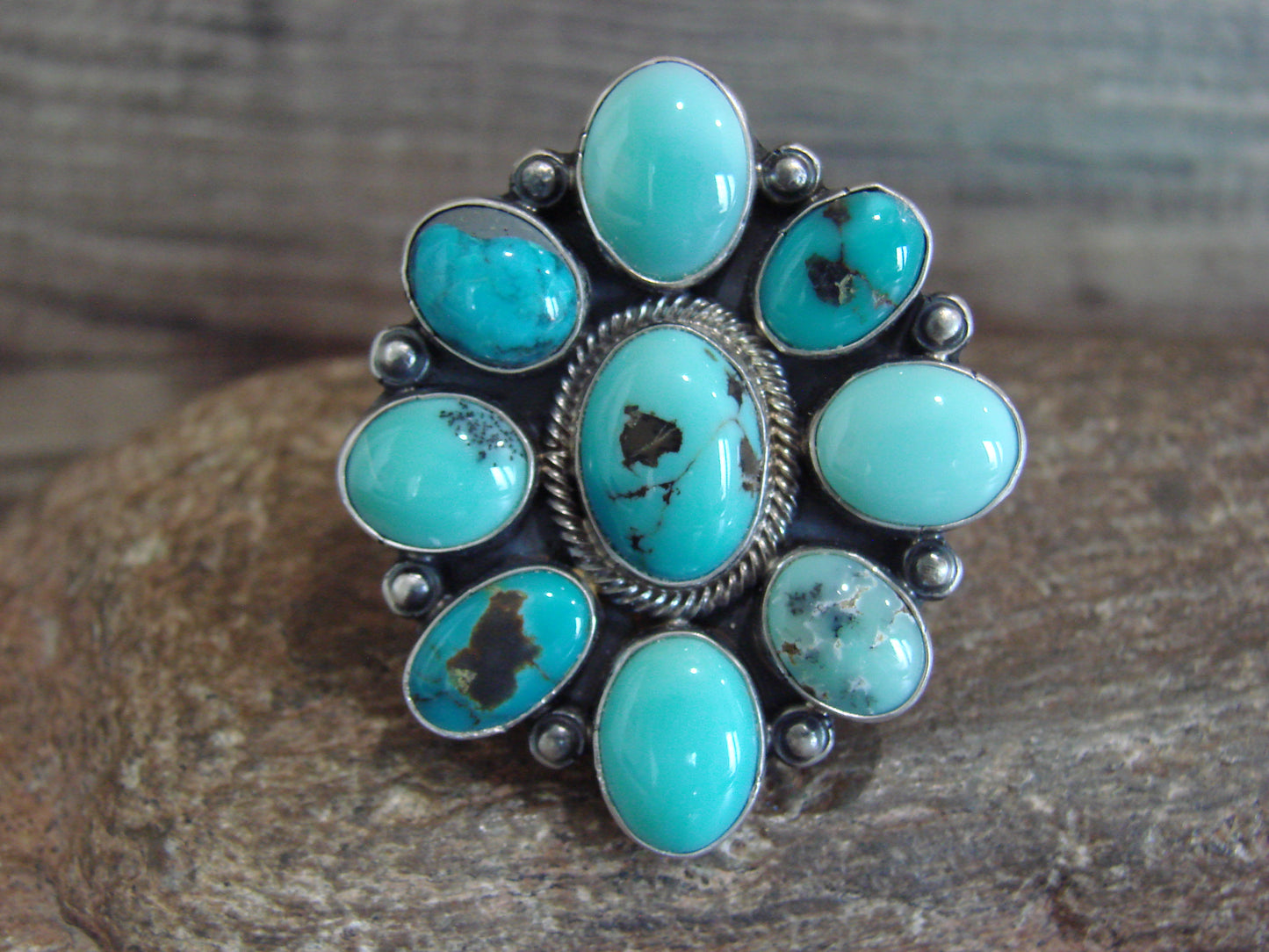 Native American Sterling Silver & Turquoise Cluster Ring by Hoskie - Size 6.5