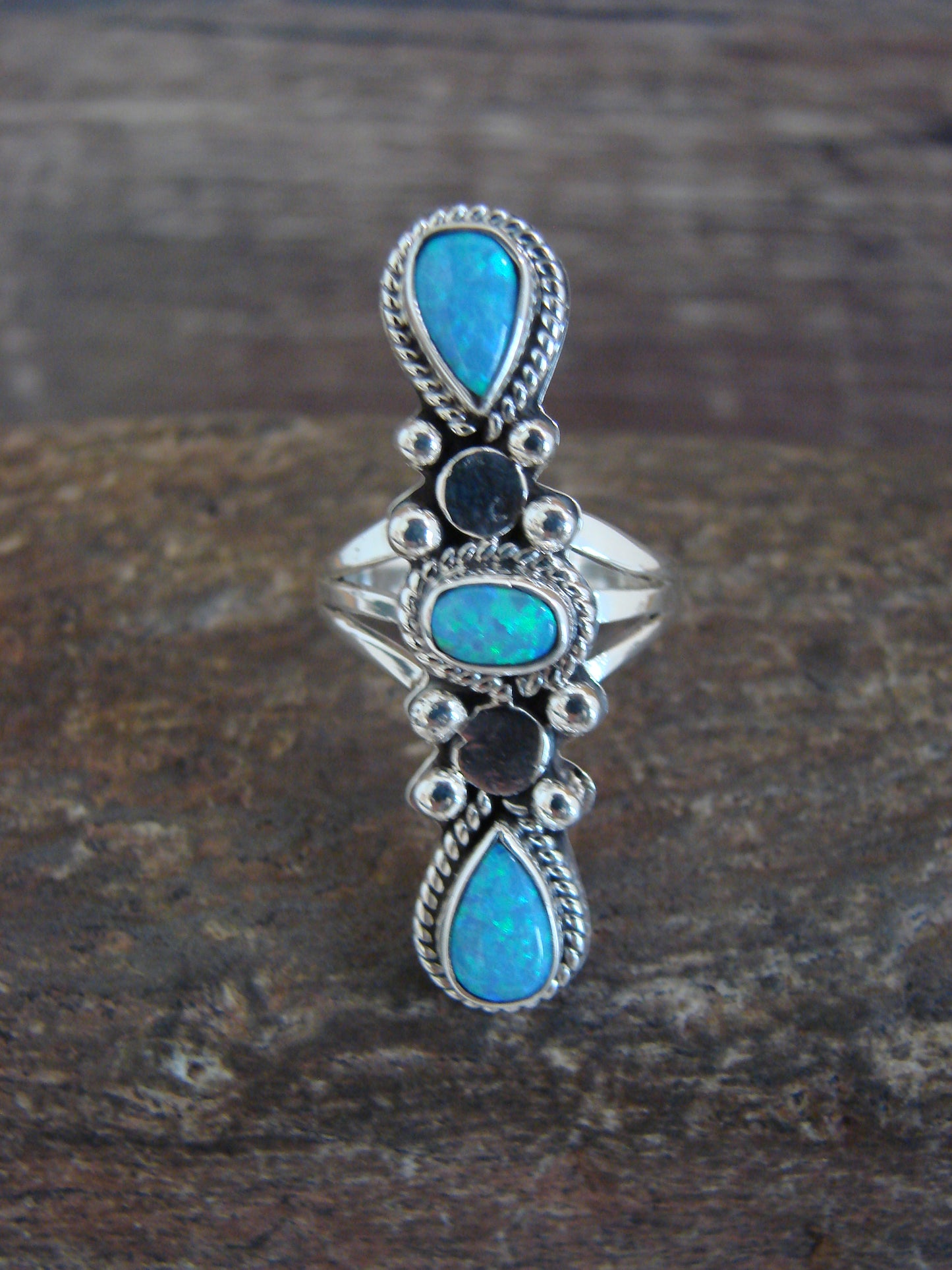 Native American Indian Sterling Silver Blue Opal Row Ring -Yazzie - Size 6