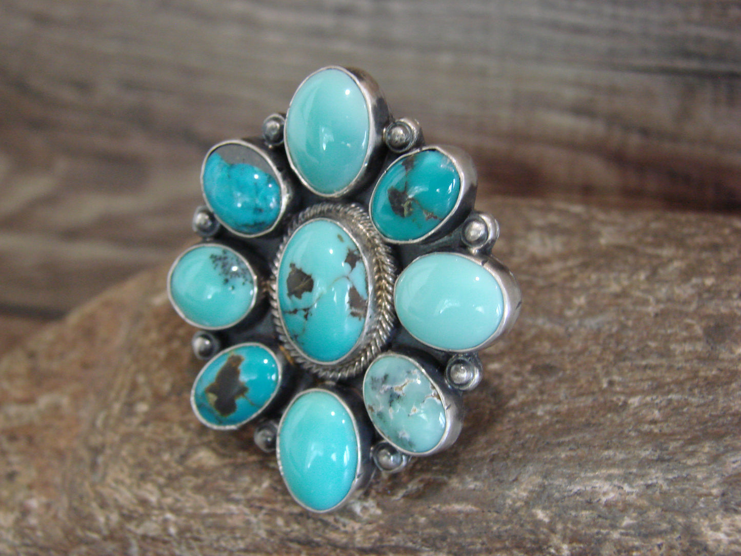 Native American Sterling Silver & Turquoise Cluster Ring by Hoskie - Size 6.5
